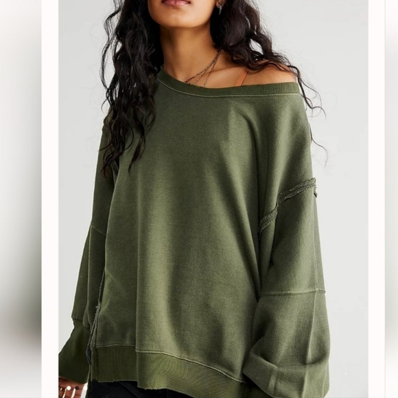 NEW FREE PEOPLE CAMDEN We The Free Sweatshirt Top Olive Green St. Patrick's S - Picture 5 of 11